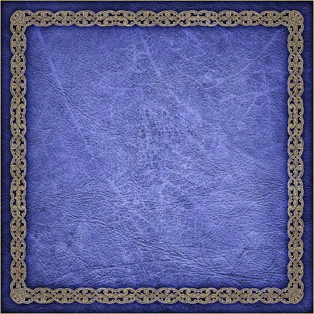 This High Resolution Old Navy Blue Animal Skin Parchment Vignette Grunge Texture, with Medieval Decorative Gilded Arabesque Plait-styled Border, is defined with exceptional details and richness, and represents the excellent choice for implementation within various CG Projects. 