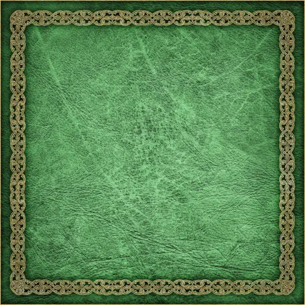 This High Resolution Old Jade Green Animal Skin Parchment Vignette Grunge Texture, with Medieval Decorative Gilded Arabesque Plait-styled Border, is defined with exceptional details and richness, and represents the excellent choice for implementation within various CG Projects. 