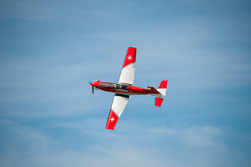 Cologne, Germany - August 29 2010: Swiss PC-7 aerobatic display team in action.