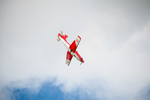 Cologne, Germany - August 29 2010: Swiss PC-7 aerobatic display team in action.