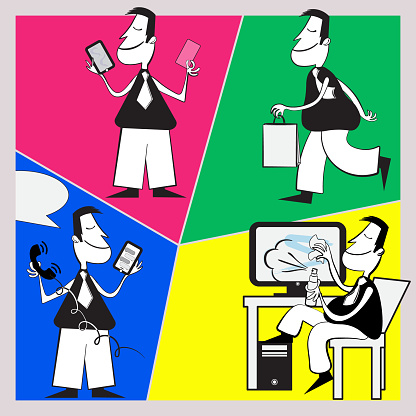 Character kit. character office manager, different hand gestures, face and legs, face only good and friendship. Character in retro style 80s, his hands is doodle fun, he help customers with shipping and call them