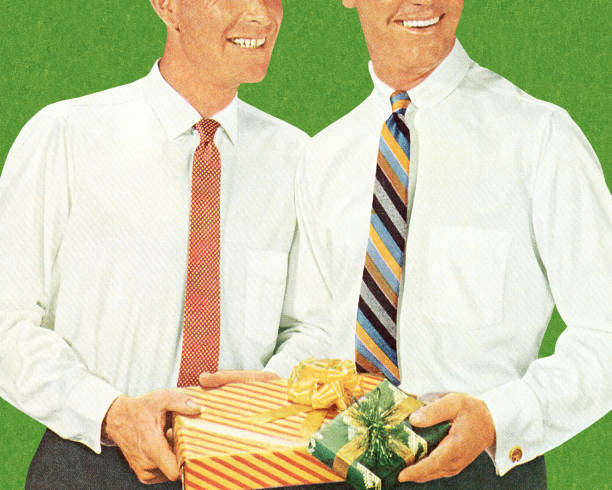 ilustraciones, imágenes clip art, dibujos animados e iconos de stock de dos hombres sosteniendo regalos - colored background adult photography color image
