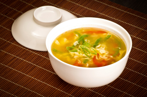 Chinese vegetable soup in the white bow