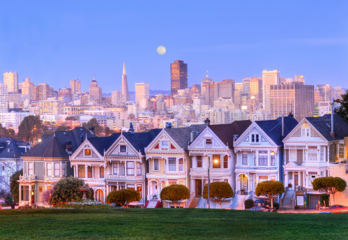 Painted Ladies, a Victorian house, in a full moon evening