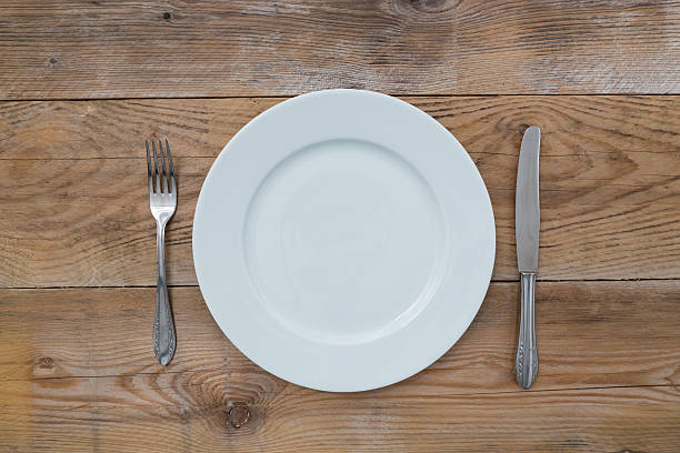 istock White plate and cutlery on wood 187314892