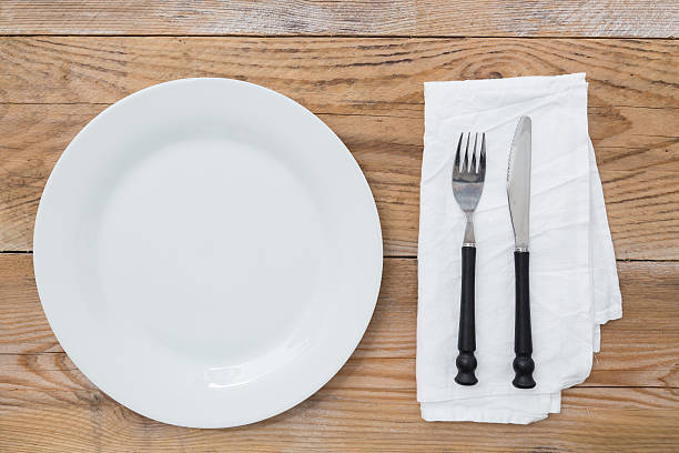 istock White plate and cutlery on wood 187314988