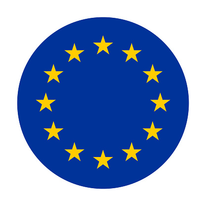 Circle flag of European Union, EU. Twelve gold stars on blue background. Official colors.