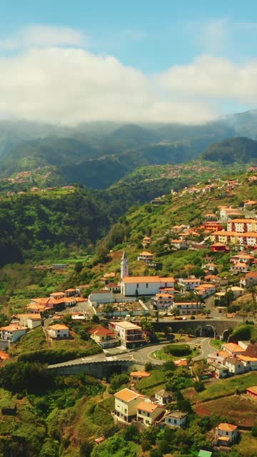 AERIAL Drone shot of Townscape on Mountain Landscape in Madeira