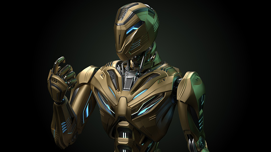 3d rendering of detailed futuristic alien robot or humanoid cyborg looking at his arm. Side front view of the upper body. Isolated on dark background
