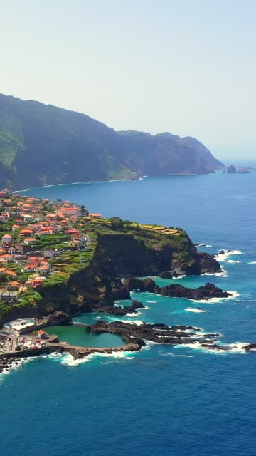 AERIAL Picturesque Village in Porto Moniz Municipality of Madeira Island, Portugal