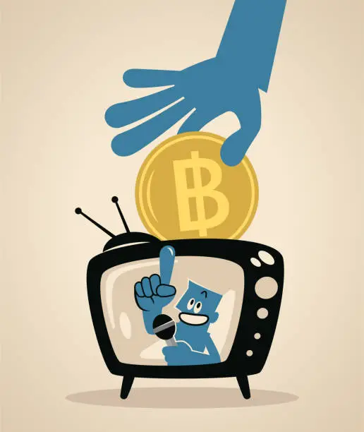 Vector illustration of A blue man host on a TV screen talking with a microphone and a big hand putting money into the TV