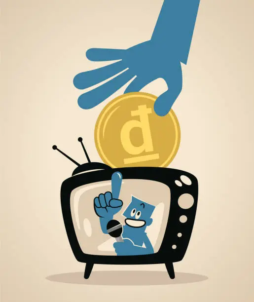 Vector illustration of A blue man host on a TV screen talking with a microphone and a big hand putting money into the TV