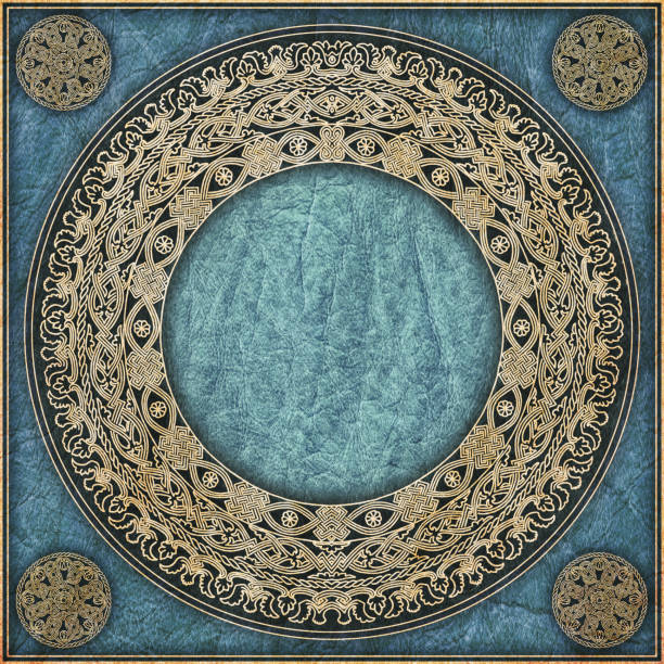 istock High Resolution Animal-skin Blue Parchment with Rosette-shaped Arabesque Gilded Pattern 187319004