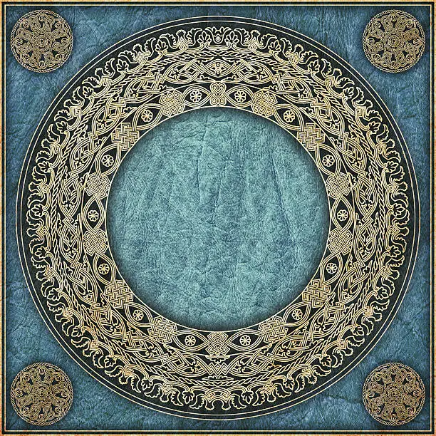 This High Resolution, Medieval Arabesque Rosette-shaped Gilded Elaborate Decorative Pattern, on Old Dark Blue Animal Skin Parchment Grunge Texture, is defined with exceptional details and richness, and represents the excellent choice for implementation within various CG Projects. 
