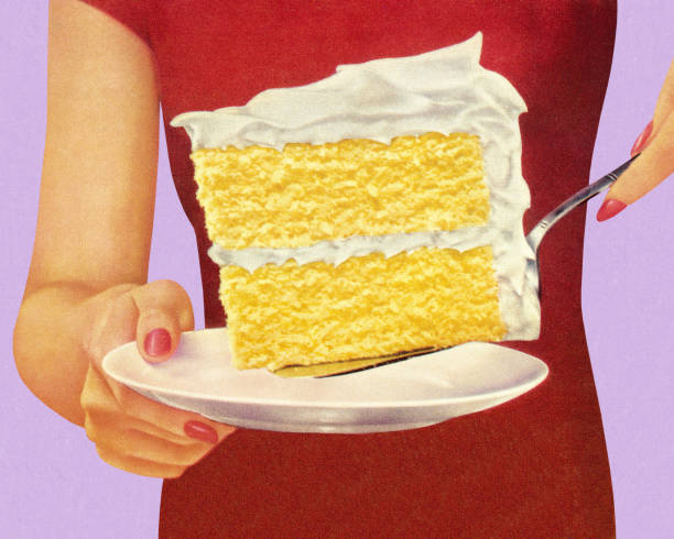 женщина держит большой piece of cake - кусок торта фотографии stock illustrations