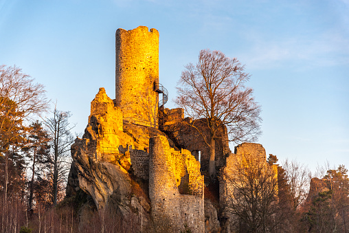 Frydstejn Castle. Medieval ruins with stone tower. Bohemian Pradise, Czech: Cesky raj, Czech Republic.