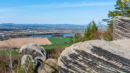 Viewpoint on the top of sandstone rock formation in Prihrazy Rocks, Bohemian Paradise, Czech Republic.