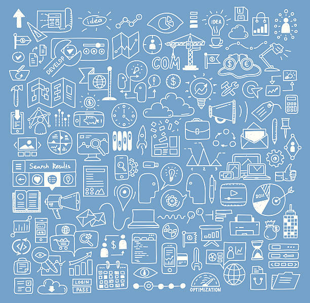 Business and website development doodles elements Hand drawn vector illustration icons set of business strategy, brainstorming and website development doodles elements. Isolated on dark blue background. working designs stock illustrations