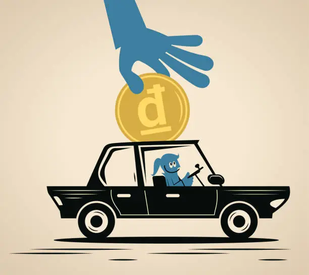 Vector illustration of A smiling blue woman drives a car and a big hand puts money into the car