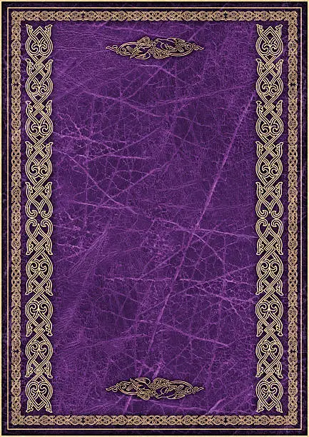 This High Resolution Old Dark Purple Animal Skin Parchment Vignette Grunge Texture, with Medieval Arabesque Gilded Decorative Border, is defined with exceptional details and richness, and represents the excellent choice for implementation within various CG Projects. 