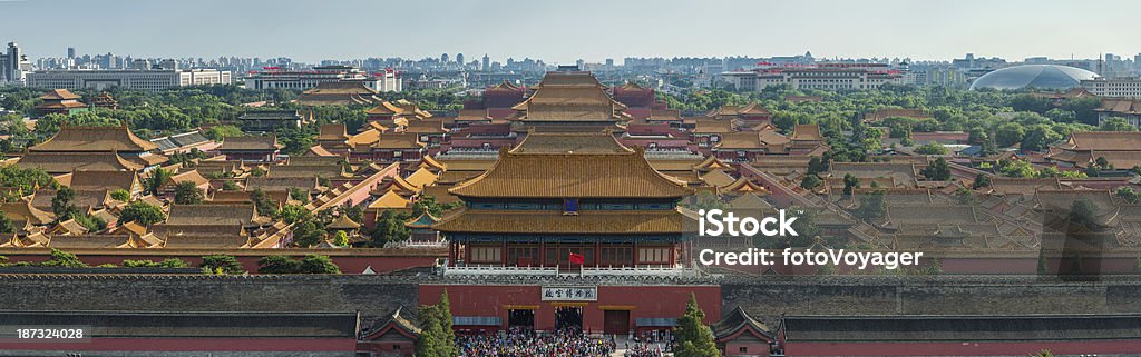 Beijing Forbidden City panorama downtown landmarks China Sweeping panoramic vista over the iconic pagoda rooftops of the Forbidden City to Tiananmen Square beyond in the heart of Beijing, China's vibrant capital city. ProPhoto RGB profile for maximum color fidelity and gamut. Aerial View Stock Photo