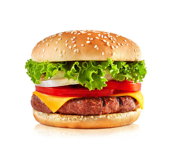 hamburger-schnellgericht - burger isolated lettuce tomato stock-fotos und bilder