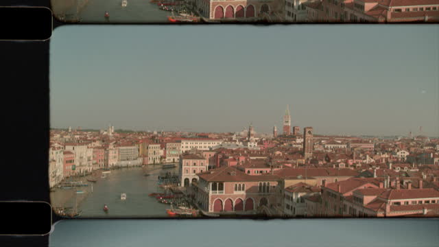 Old Film Aerial View of the Grand Canal in Venice, Italy in sunshine. 4K