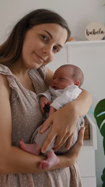 SLO MO Happy Mother Carrying Sleeping Newborn Baby in her Arm near Window at Home
