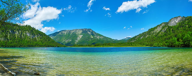 Beautiful Offensee lake landscape in Austrian Alps.