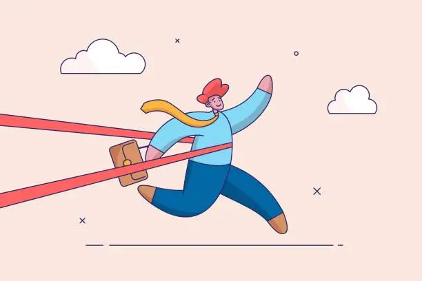 Vector illustration of Challenge to overcome to success concept. Business difficulty or struggle with career obstacle, limitation and trap, businessman tied up with red tape trying to run away with full effort.