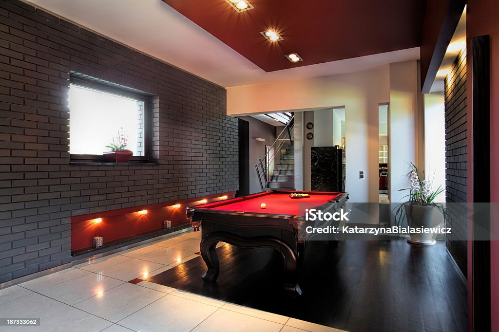 Contemporary interior with a snooker table Contemporary interior, living room with a snooker table Basement Stock Photo