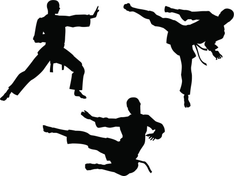 Karate martial art silhouettes of men in various karate or other martial art poses, including high kick and flying kick