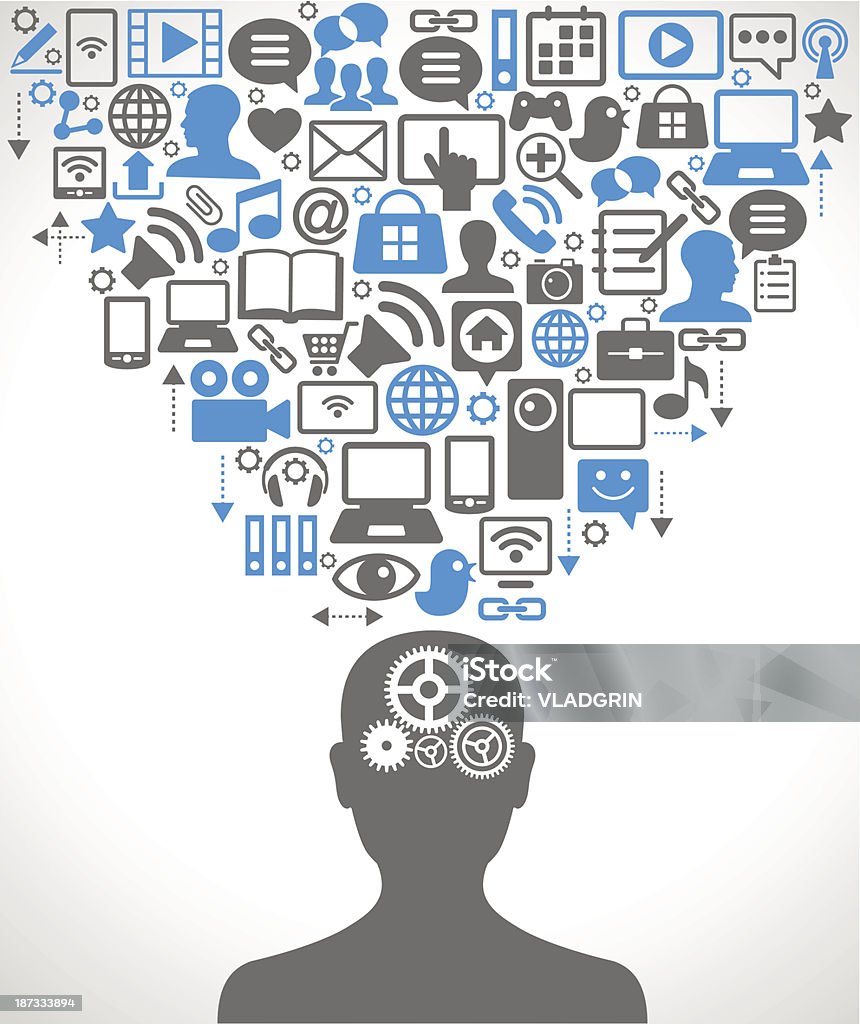 A illustration of people and information Silhouette of a human head with gears in place of the brain. Above his head is a lot of icons.  Social network, communication in the global computer networks. Internet stock vector