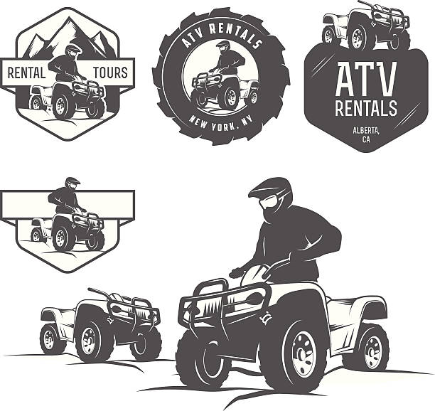 illustrazioni stock, clip art, cartoni animati e icone di tendenza di set di atv etichette, distintivi ed elementi di design - off road vehicle quadbike 4x4 adventure