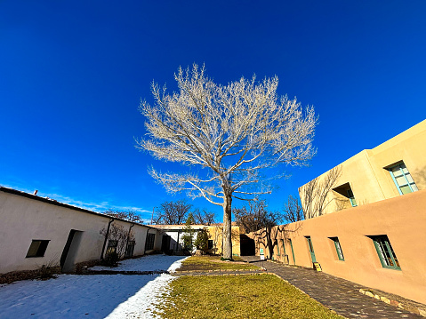 Santa Fe, NM: The courtyard of the New Mexico History Museum in winter.