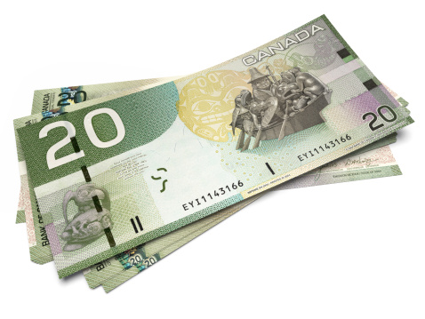 3D render of  bills of Twenty Canadian Dollars all in sharp focus.