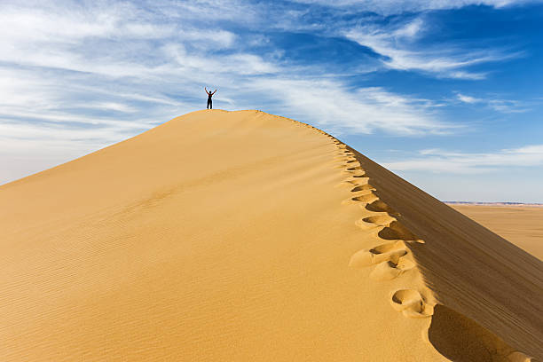 touristique de femme debout sur le dessus de sandune, désert du sahara - great sand sea photos et images de collection