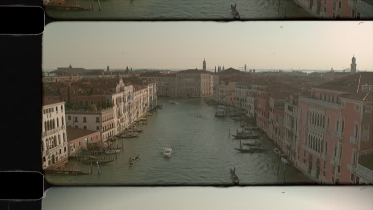 Old Film Aerial View of the Ca' Foscari University of Venice on the Grand Canal, Venice, Italy in sunshine. 4K