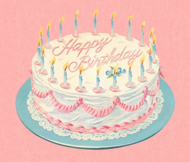 stockillustraties, clipart, cartoons en iconen met an illustration depicting a white cheerful birthday cake - verjaardagstaart