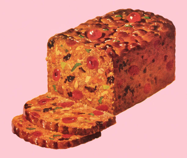 Traditional fruitcake with slices set on a pink background Sliced Fruitcake fruitcake stock illustrations