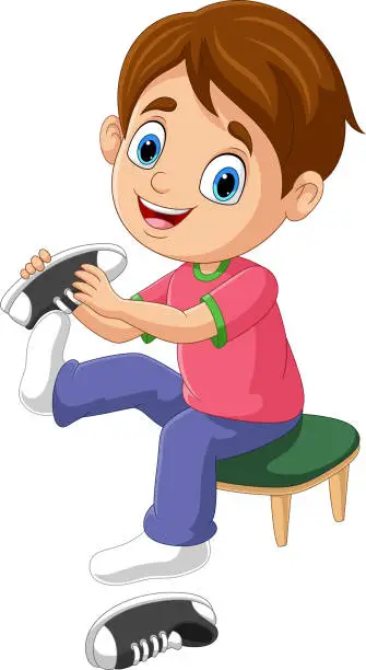 Vector illustration of Cartoon little boy putting on shoes