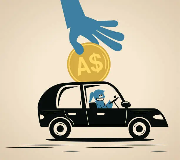 Vector illustration of A smiling blue woman drives a car and a big hand puts money into the car