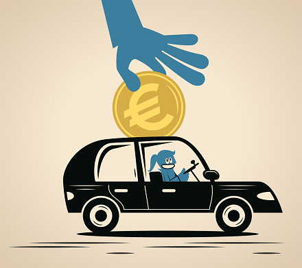 Blue Cartoon Characters Design Vector Art Illustration.
A smiling blue woman drives a car and a big hand puts money into the car.