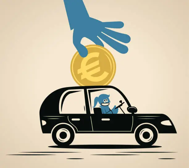 Vector illustration of A smiling blue woman drives a car and a big hand puts money into the car