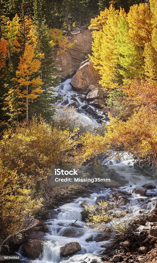 Rocky Mountain creek scenery with rushing water in autumn Leavenworth Creek near Georgetown, Colorado in fall.  Clear Creek County.  Panorama. Colorado Stock Photo