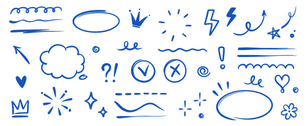 stockillustraties, clipart, cartoons en iconen met hand drawn blue highlight, text underline, emphasis mark, line shape set. hand drawn scribble arrow, love heart, speech bubble, crown element. marker, pen brush stroke. vector - striemen van mondmasker