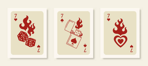 Playing Cards Posters. Retro Wall Art Prints Set with Dice in Flames, Lighter and Heart in a Trendy Modern Style. Playing Cards Posters. Retro Wall Art Prints Set with Dice in Flames, Lighter and Heart in a Trendy Modern Style. Vector Collection Funny Illustrations poker card tattoos stock illustrations