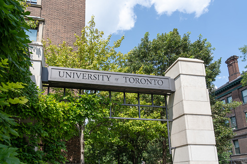 University of Toronto sign at St. George Campus in Toronto, Canada - August 9, 2023. The University of Toronto (U of T) is a public research university.