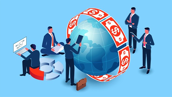 International Economics, Global Business Finance, Global Investments, Financial or Economic Data Analysis and Research, Isometric Businessmen working and analyzing beside the money-encircled globe