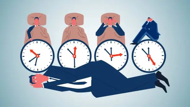 Vector illustration of Insomnia, sleep problems, anxiety or mental stress, unhealthy lifestyle, lying by the clock from night to morning unable to sleep traders